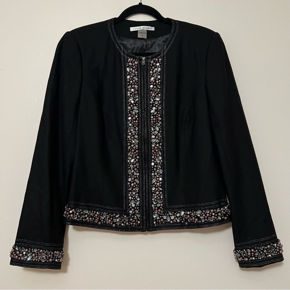 Peter Nygård Embellished Black Wool-Blend Beaded Open Front Jacket - Size 10